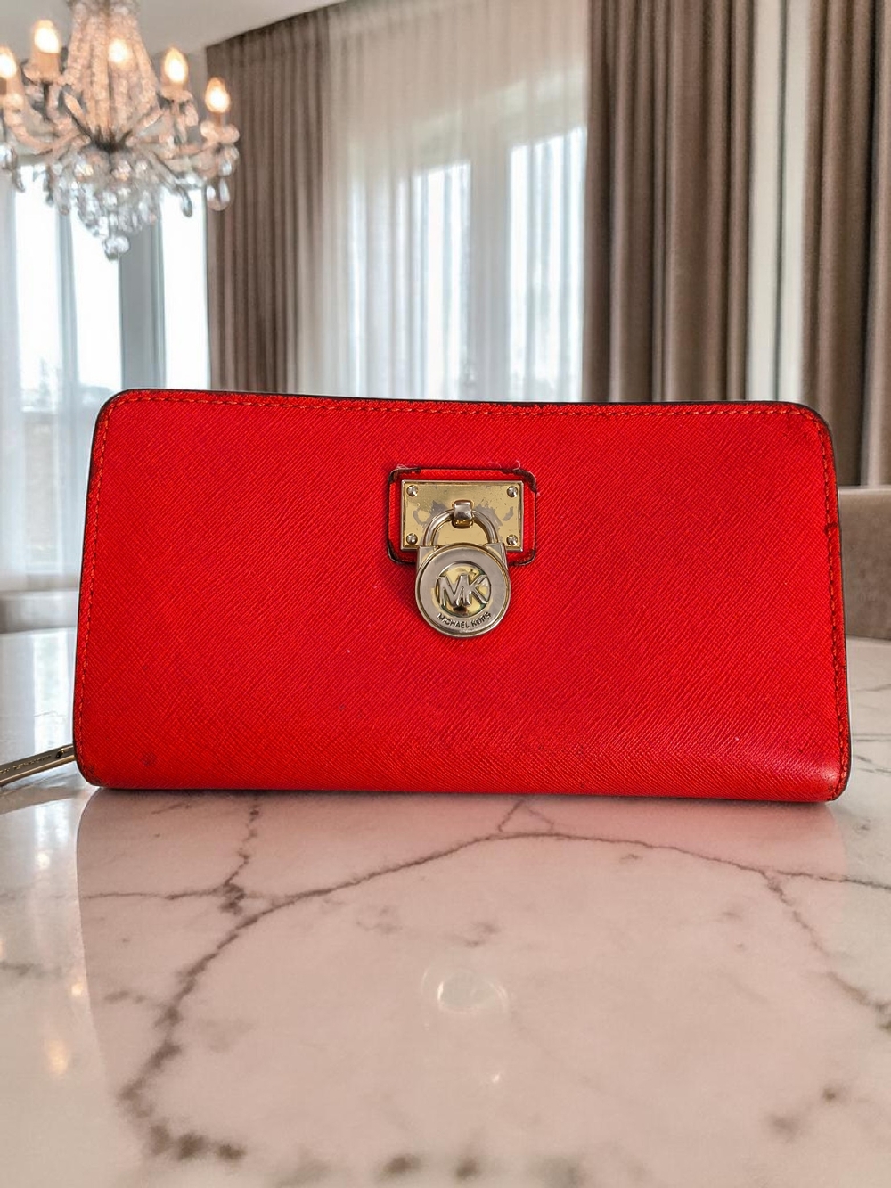 Michael Kors Red Saffiano Leather Zip Around Wallet Lock Logo Gold Hardware